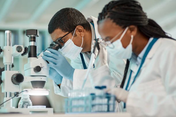 Two researchers examining a microscope during their study on mecfs in a laboratory.