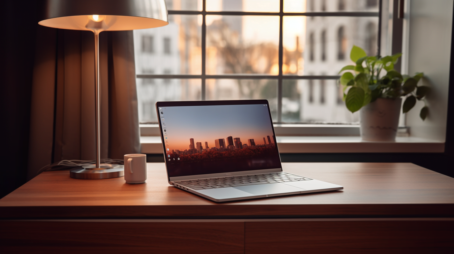 A laptop, used by someone with ME/CFS, sitting on a desk next to a window.