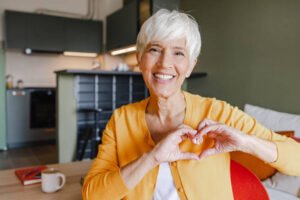 A senior woman is expressing her love by making a heart shape with her hands.